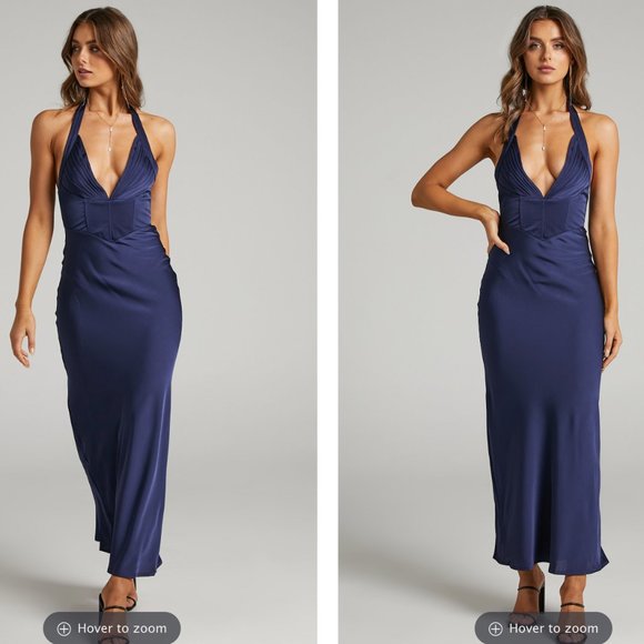 AGNUS HALTER NECK TIE UP BACK MAXI DRESS IN NAVY SATIN - Picture 1 of 2